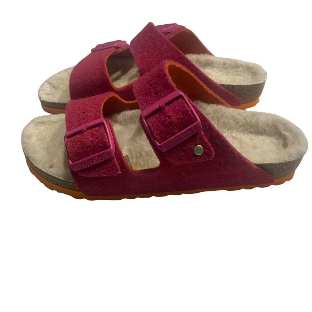 Birkenstock 37 US 6 Pink Wool Felt Sandals With Dual Adjustable Straps & Cork So - Picture 5 of 11